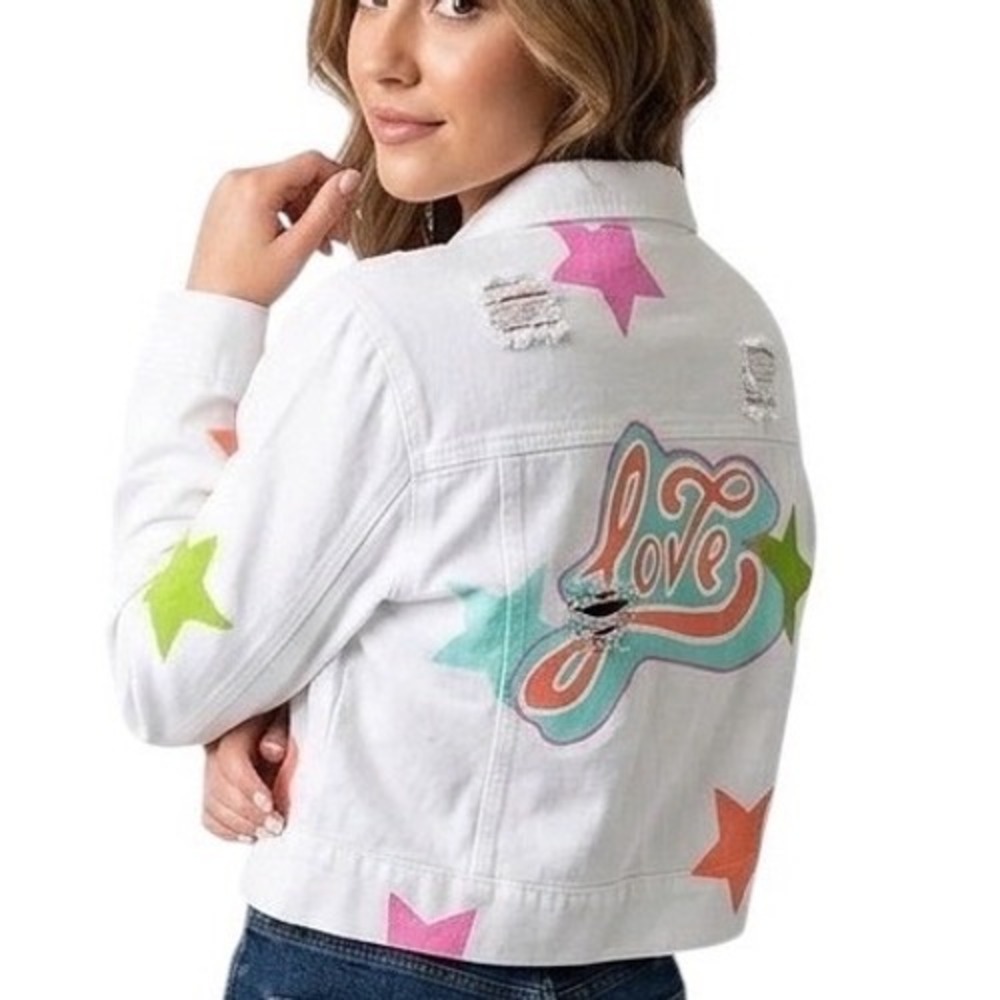 Blue‎ Spice Womens White Distressed Denim Jacket Star Love Graphic Cropped Large